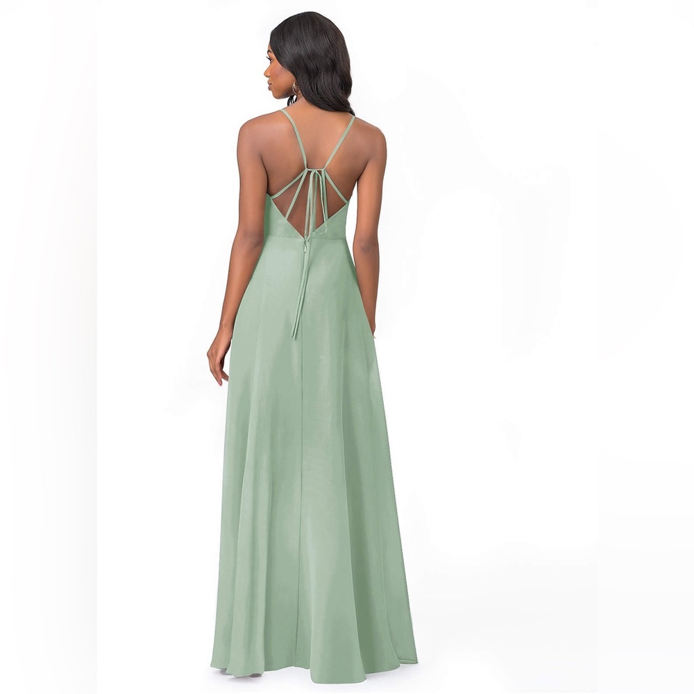 Azazie agave strappy back chiffon side slit maxi gown dress nwot bridesmaid - Picture 3 of 4